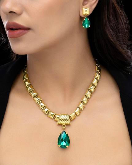 PRAO Anti-Tarnish Emerald Crystal Necklace Set With Earrings